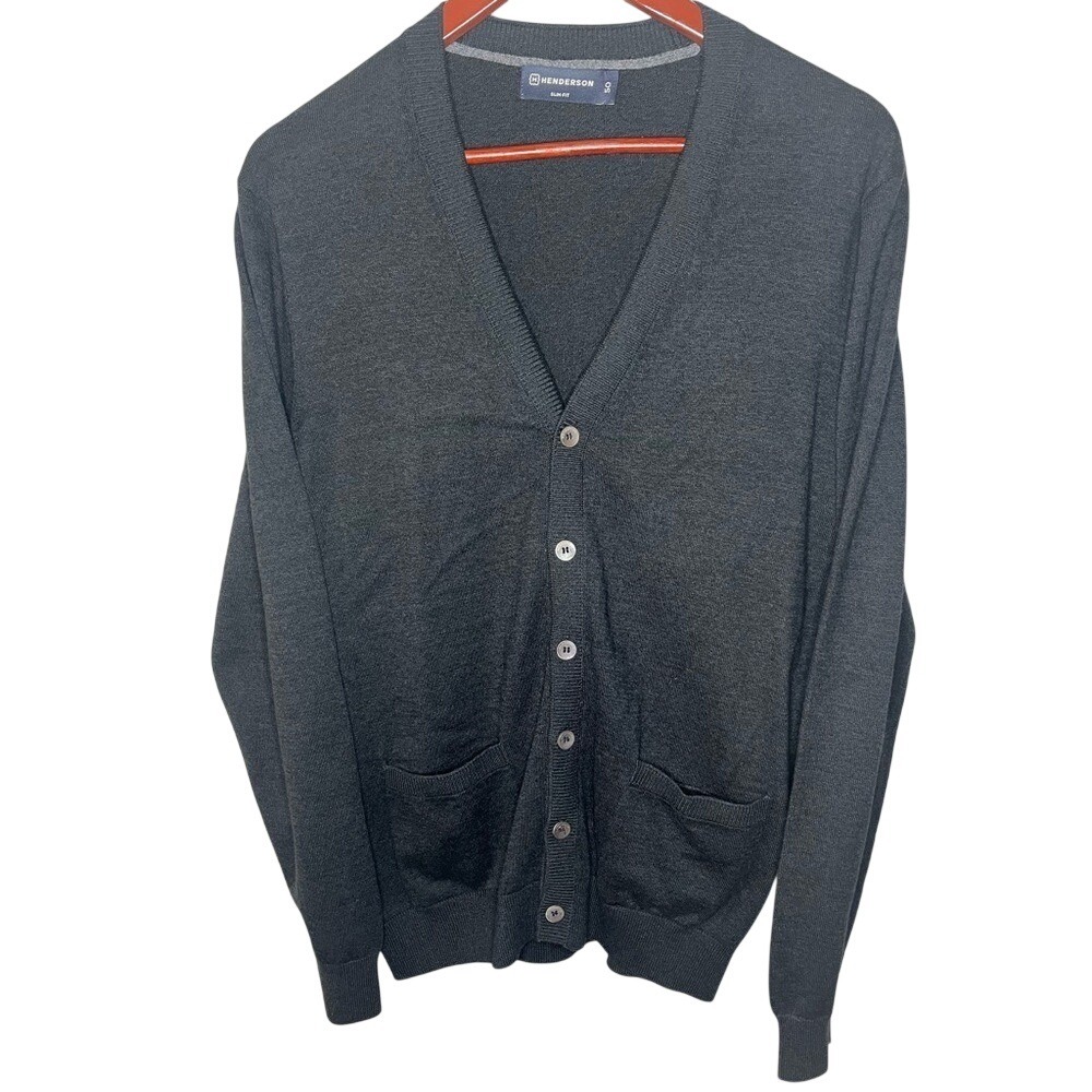 Henderson Mens Slim Fit Cardigan Sweater Dark Grey V-Neck Button‎ Front Size 50